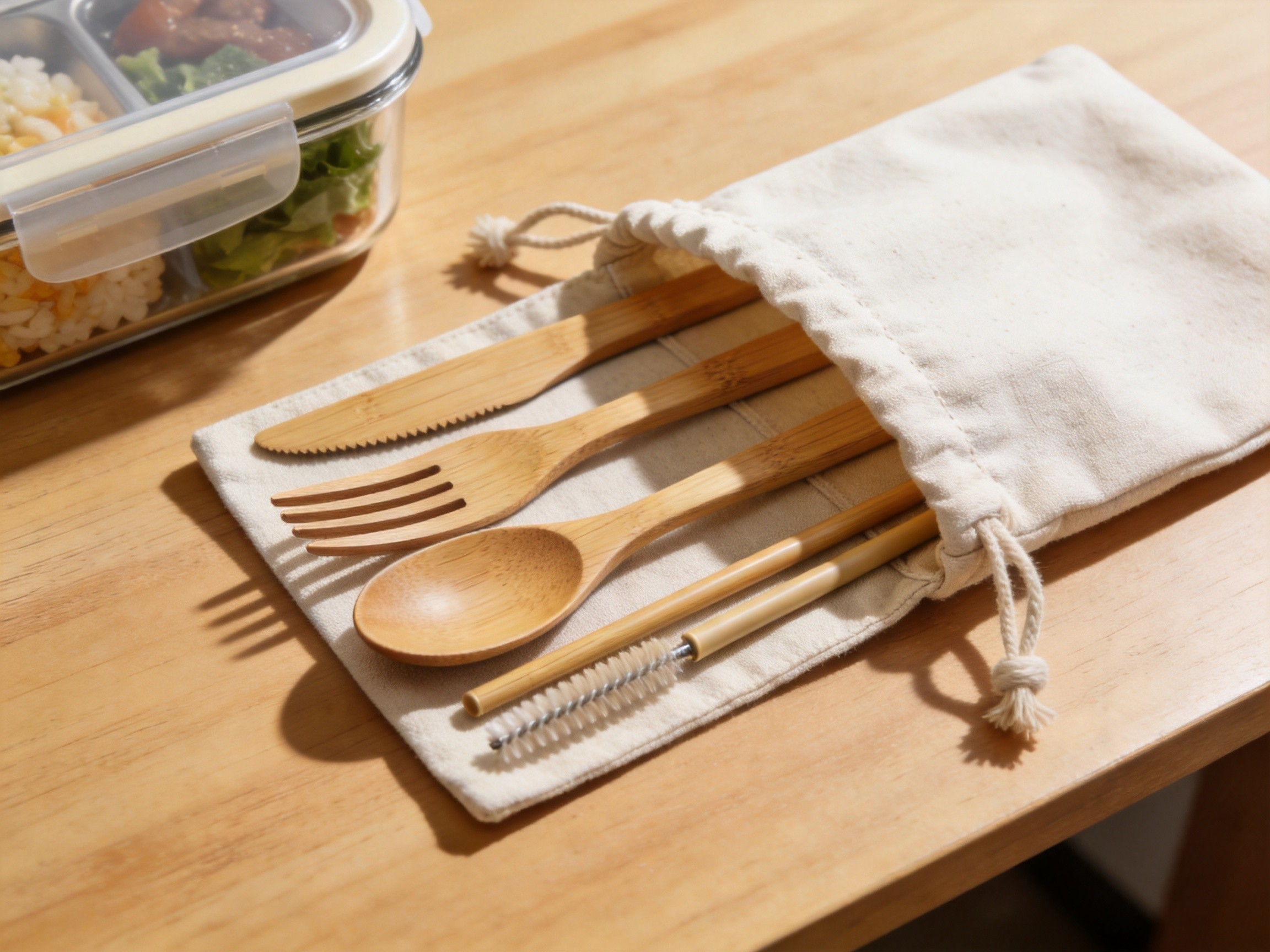 Bamboo Portable Cutlery Set with Travel Pouch